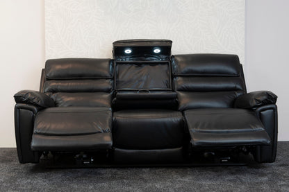 Donald Black Leather Electric / Power Reclining Sofa Range Suite Set With USB Charging Ports & Drop Down Tray Table