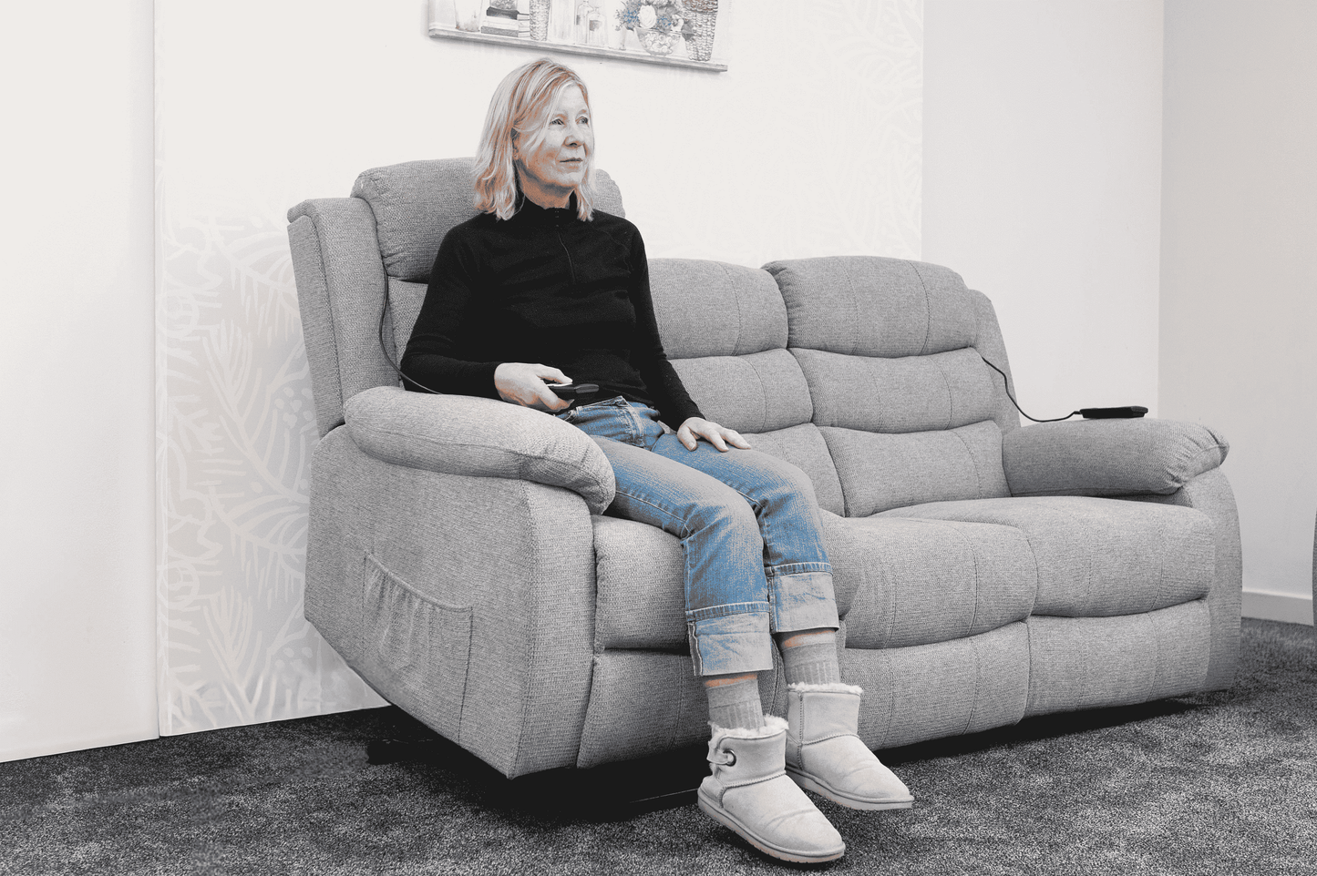 Dual Motor Lewson Grey Fabric Rise & Recliner 3 Seater + 2 Seater Sofa Set Suite Couch