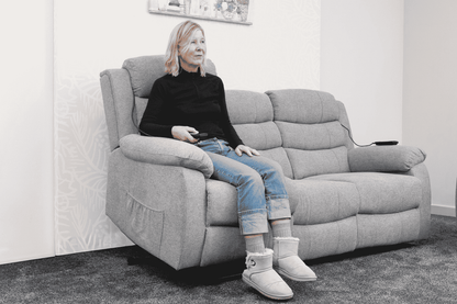 Dual Motor Lewson Grey Fabric Rise & Recliner 3 Seater + 2 Seater Sofa Set Suite Couch