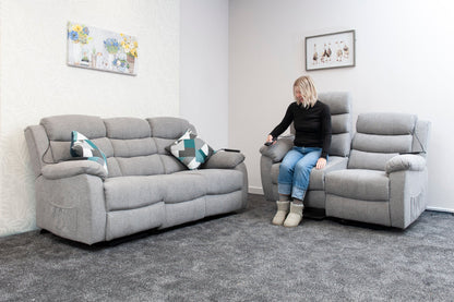 Dual Motor Lewson Grey Fabric Rise & Recliner 3 Seater + 2 Seater Sofa Set Suite Couch