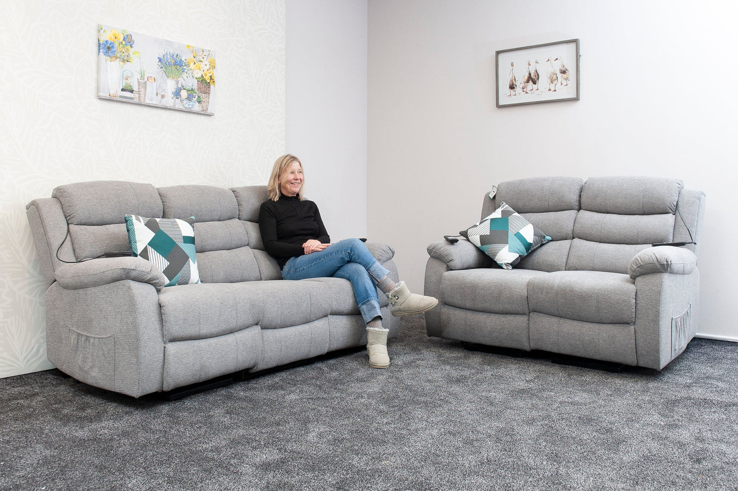 Dual Motor Lewson Grey Fabric Rise & Recliner 3 Seater + 2 Seater Sofa Set Suite Couch