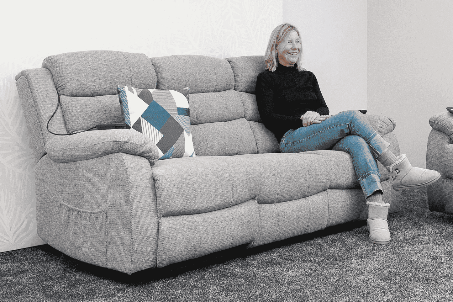 Dual Motor Lewson Grey Fabric Rise & Recliner 3 Seater + 2 Seater Sofa Set Suite Couch