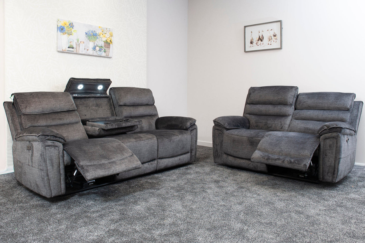 The “ Donald " Electric / Power Reclining Charcoal Grey Fabric 3 + 2 Seater Sofa Set - USB Charging & Drinks Tray Table Plus High Seating & Backrest Position | Couch |