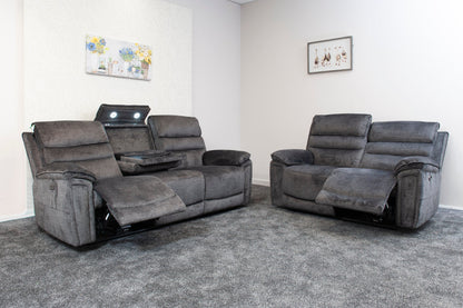 The “ Donald " Electric / Power Reclining Charcoal Grey Fabric 3 + 2 Seater Sofa Set - USB Charging & Drinks Tray Table Plus High Seating & Backrest Position | Couch |