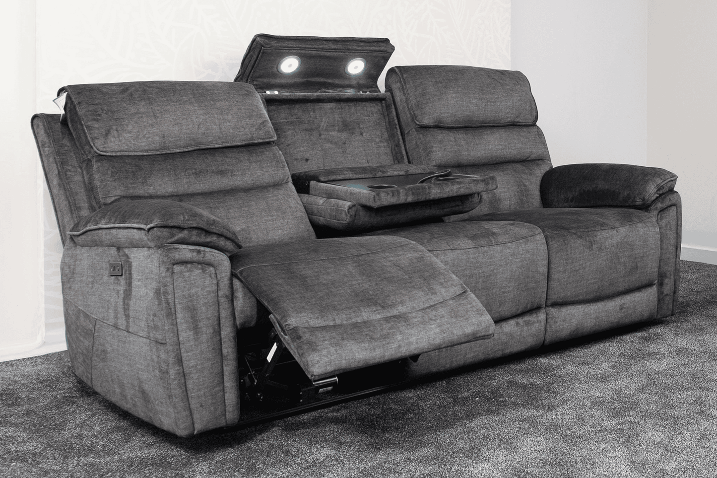 The “ Donald " Electric / Power Reclining Charcoal Grey Fabric 3 Seater Sofa - USB Charging & Drinks Tray Table Plus High Seating & Backrest Position | Couch |