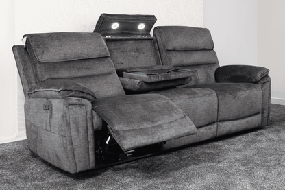 The “ Donald " Electric / Power Reclining Charcoal Grey Fabric 3 Seater Sofa - USB Charging & Drinks Tray Table Plus High Seating & Backrest Position | Couch |