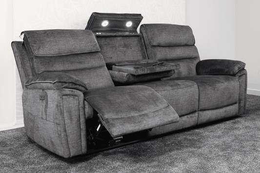 The “ Donald " Electric / Power Reclining Charcoal Grey Fabric 3 Seater Sofa - USB Charging & Drinks Tray Table Plus High Seating & Backrest Position | Couch |