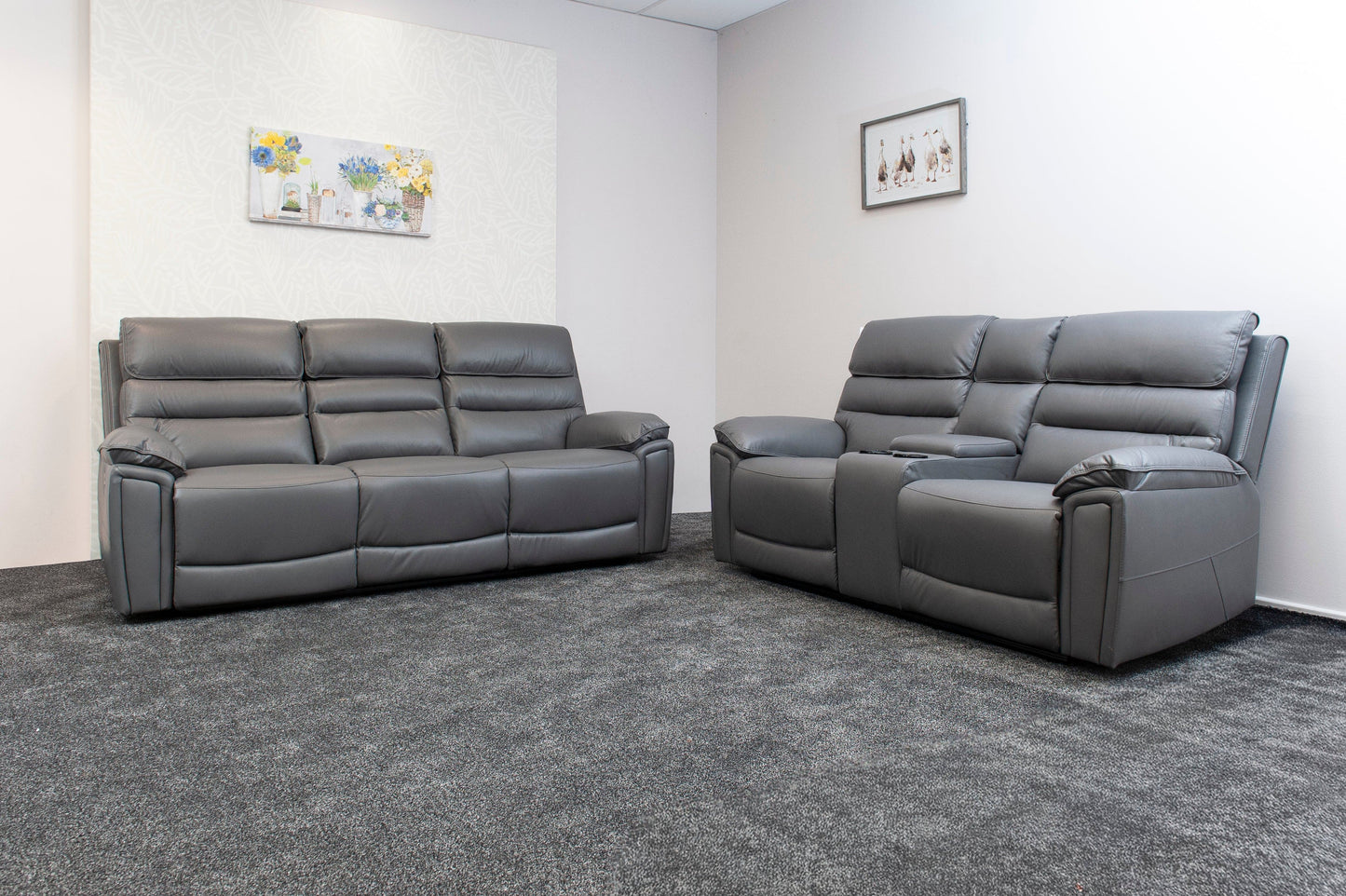 Donald Grey Leather Electric / Power Reclining Sofa Range Suite Set With Drinks Coolers USB Charging Ports & Drop Down Tray Table