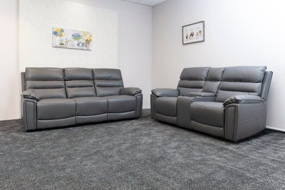 Donald Grey Leather Electric / Power Reclining Sofa Range Suite Set With Drinks Coolers USB Charging Ports & Drop Down Tray Table