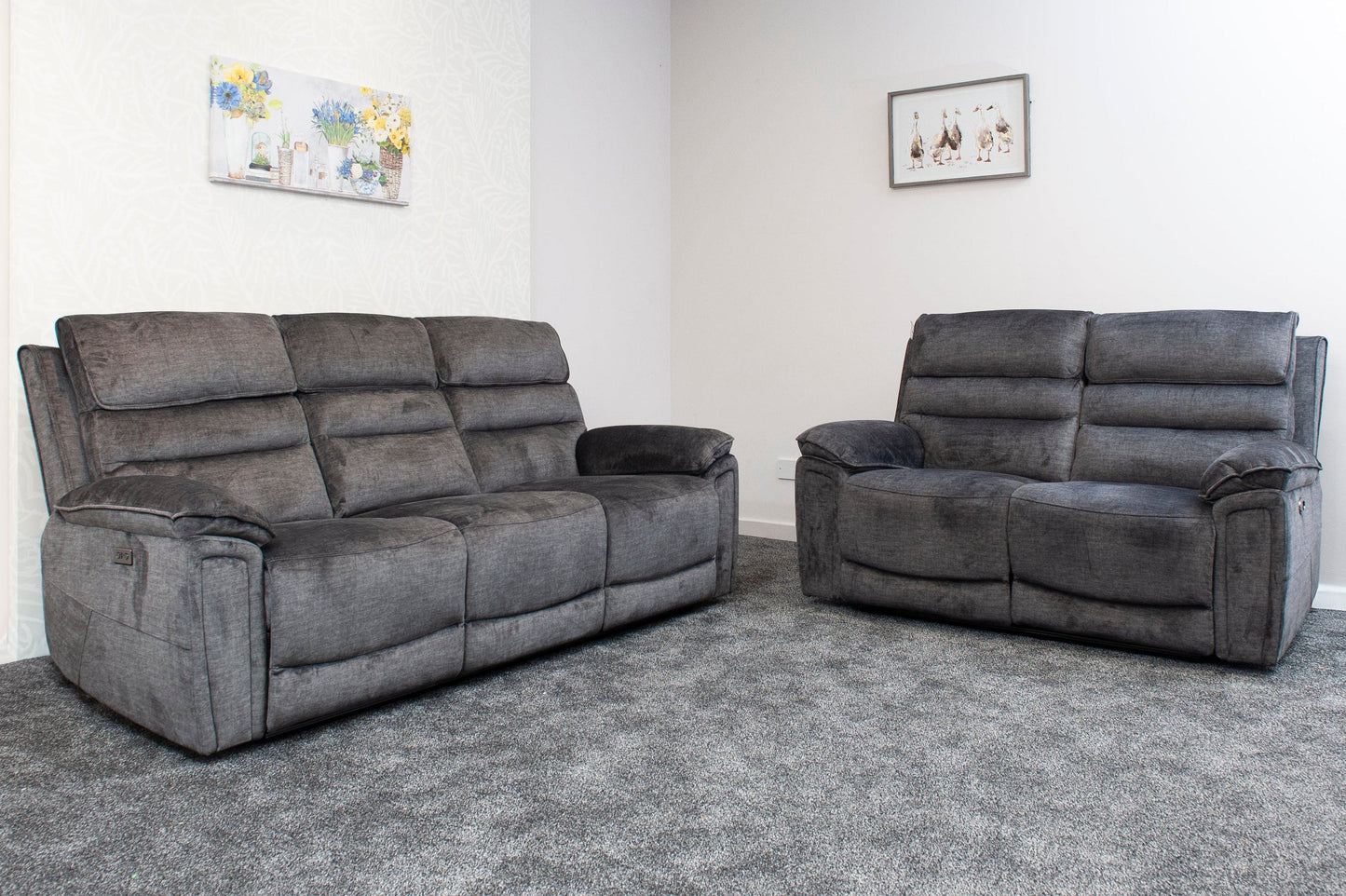 The “ Donald " Electric / Power Reclining Charcoal Grey Fabric 3 + 2 Seater Sofa Set - USB Charging & Drinks Tray Table Plus High Seating & Backrest Position | Couch |