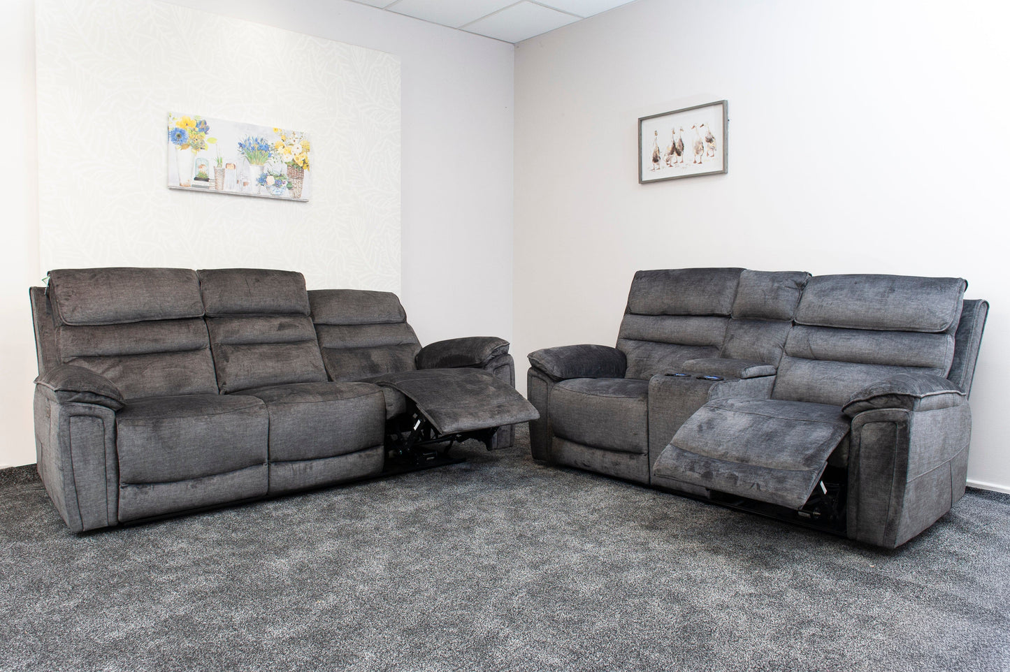 The “ Donald " Electric / Power Reclining Charcoal Grey Fabric Sofa Set - USB Charging & Drinks Tray Table Plus High Seating & Backrest Position | Couch |