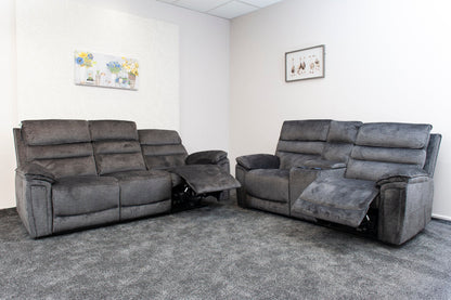 The “ Donald " Electric / Power Reclining Charcoal Grey Fabric Sofa Set - USB Charging & Drinks Tray Table Plus High Seating & Backrest Position | Couch |