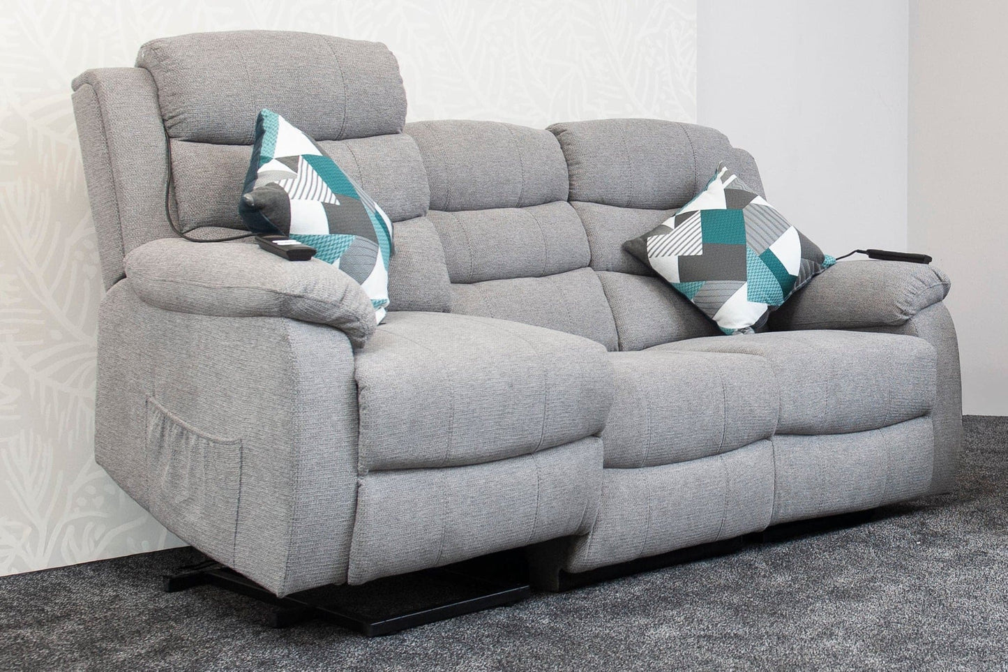 Dual Motor Lewson Grey Fabric Rise & Recliner 3 Seater + 2 Seater Sofa Set Suite Couch