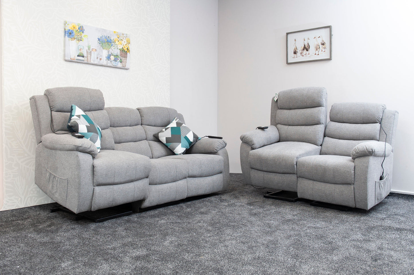Dual Motor Lewson Grey Fabric Rise & Recliner 3 Seater + 2 Seater Sofa Set Suite Couch