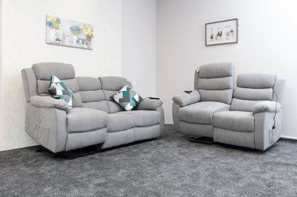 Dual Motor Lewson Grey Fabric Rise & Recliner 3 Seater + 2 Seater Sofa Set Suite Couch