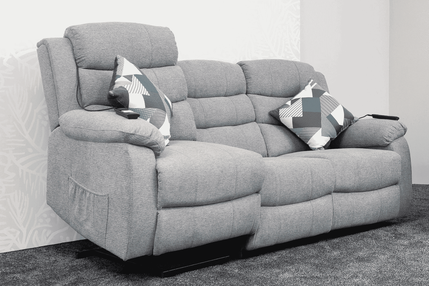 Dual Motor Lewson Grey Fabric Rise & Recliner 3 Seater + 2 Seater Sofa Set Suite Couch