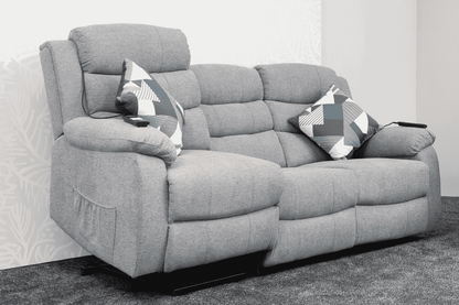 Dual Motor Lewson Grey Fabric Rise & Recliner 3 Seater + 2 Seater Sofa Set Suite Couch
