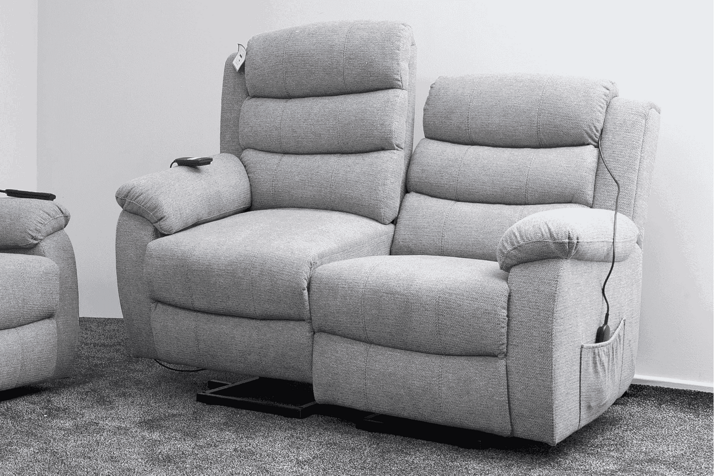 Dual Motor Lewson Grey Fabric Rise & Recliner 3 Seater + 2 Seater Sofa Set Suite Couch