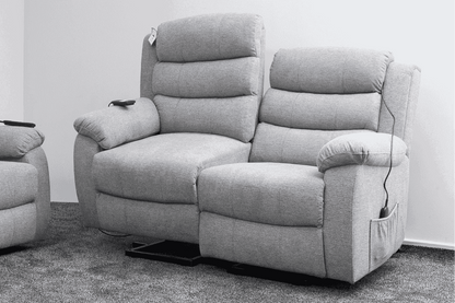 Dual Motor Lewson Grey Fabric Rise & Recliner 3 Seater + 2 Seater Sofa Set Suite Couch