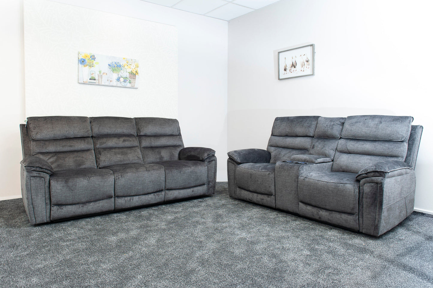 The “ Donald " Electric / Power Reclining Charcoal Grey Fabric Sofa Set - USB Charging & Drinks Tray Table Plus High Seating & Backrest Position | Couch |