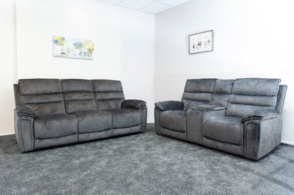 The “ Donald " Electric / Power Reclining Charcoal Grey Fabric Sofa Set - USB Charging & Drinks Tray Table Plus High Seating & Backrest Position | Couch |