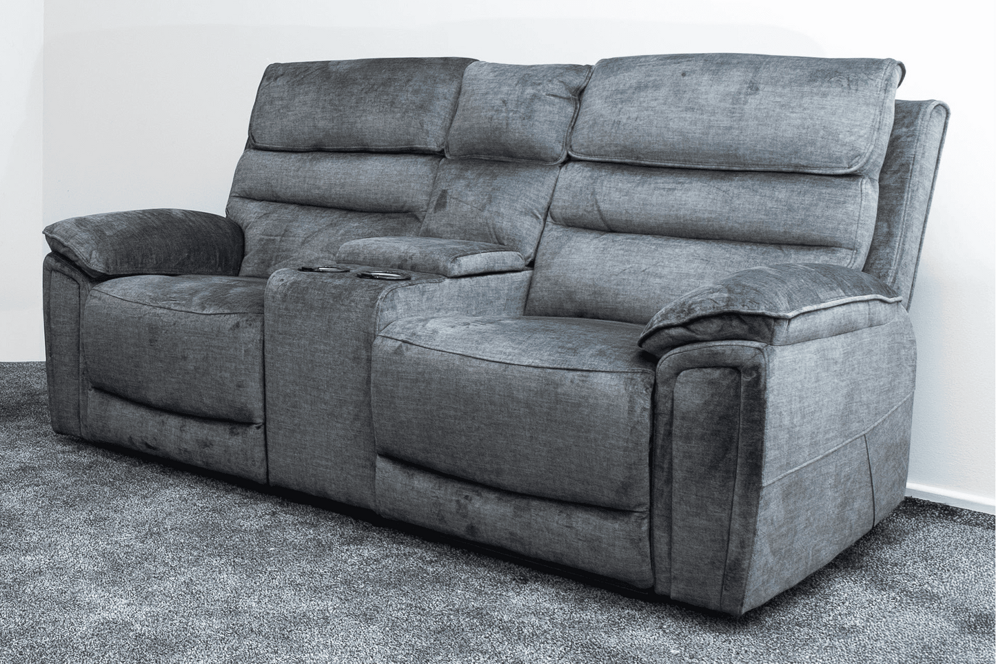 The “ Donald " Electric / Power Reclining Charcoal Grey Fabric 2 Seater Tech Sofa - USB Charging & Drinks Coolers Plus High Seating & Backrest Position | Couch |