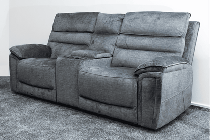 The “ Donald " Electric / Power Reclining Charcoal Grey Fabric 2 Seater Tech Sofa - USB Charging & Drinks Coolers Plus High Seating & Backrest Position | Couch |