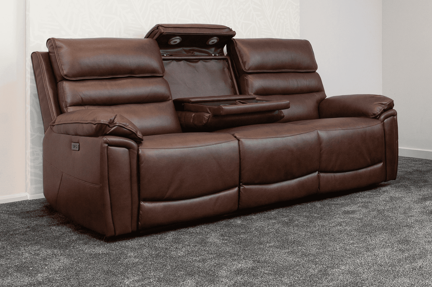 Donald Brown Leather Electric / Power Reclining 3 Seater Sofa With USB Charging Ports & Drop Down Tray Table
