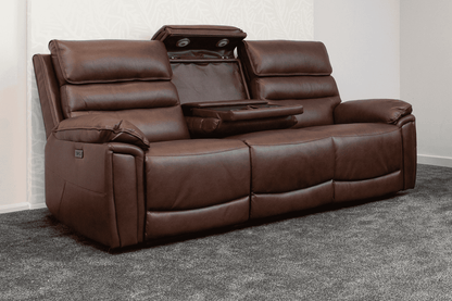 Donald Brown Leather Electric / Power Reclining 3 Seater Sofa With USB Charging Ports & Drop Down Tray Table