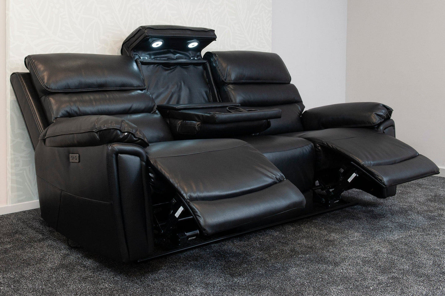 Donald Black Leather Electric / Power Reclining Sofa Range Suite Set With USB Charging Ports & Drop Down Tray Table