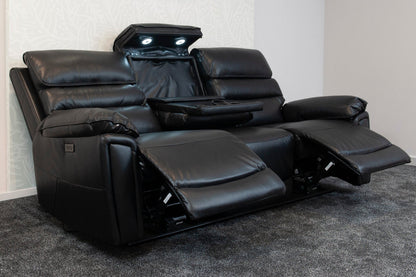 Donald Black Leather Electric / Power Reclining Sofa Range Suite Set With USB Charging Ports & Drop Down Tray Table
