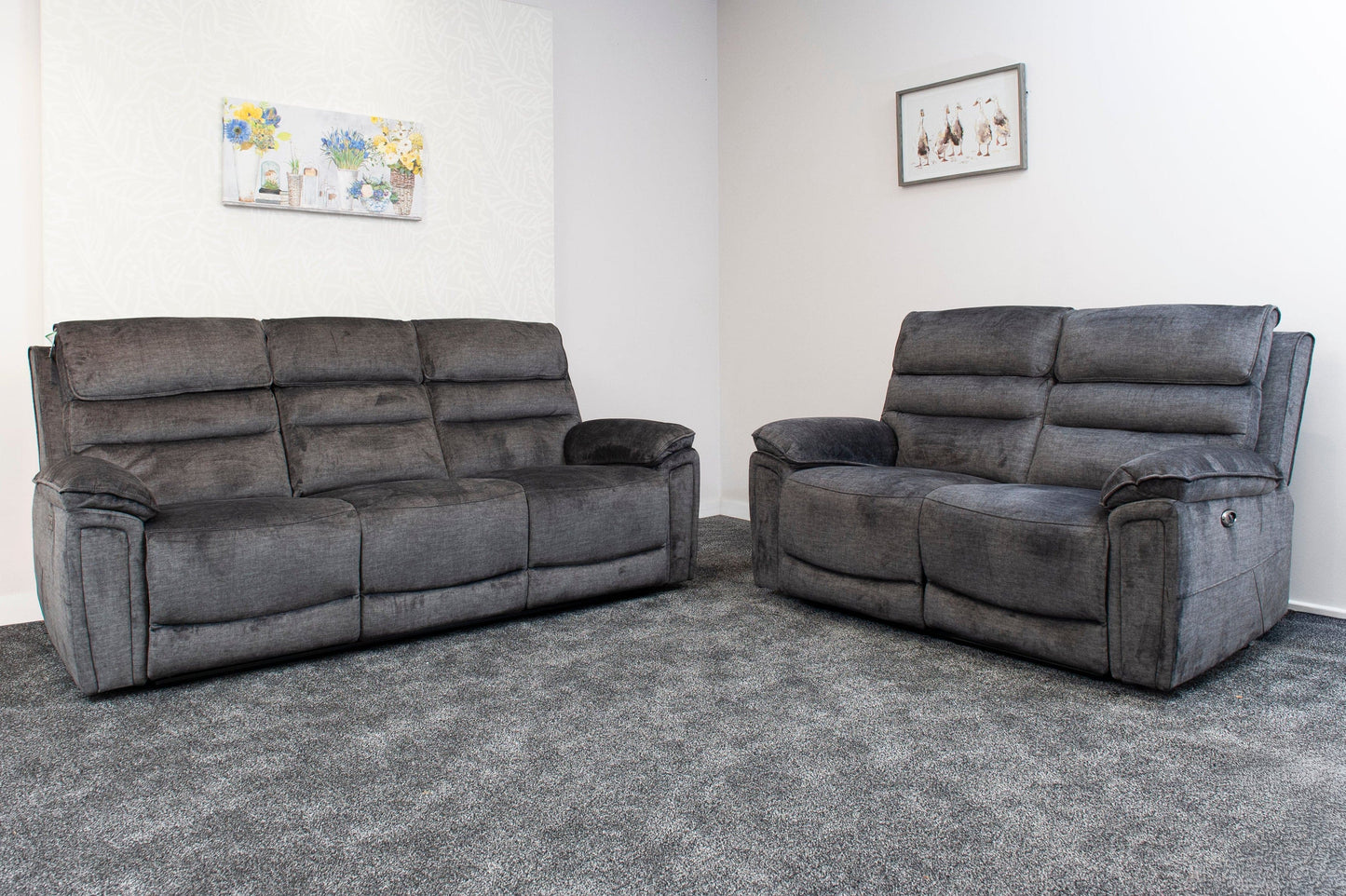 The “ Donald " Electric / Power Reclining Charcoal Grey Fabric 3 + 2 Seater Sofa Set - USB Charging & Drinks Tray Table Plus High Seating & Backrest Position | Couch |