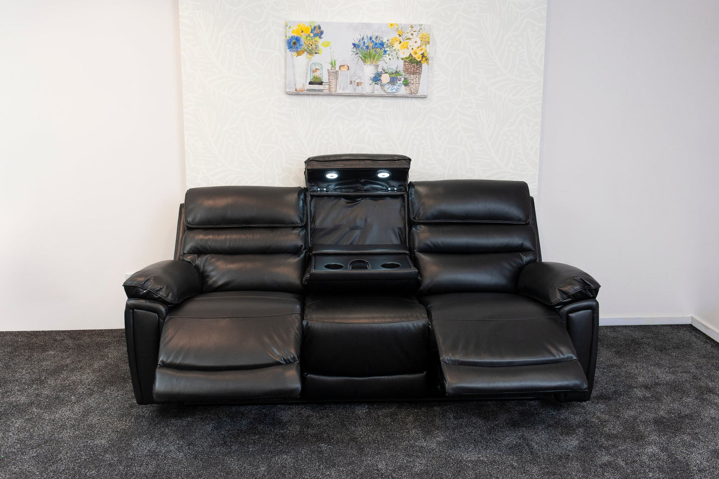 Donald Black Leather Electric / Power Reclining Sofa Range Suite Set With USB Charging Ports & Drop Down Tray Table