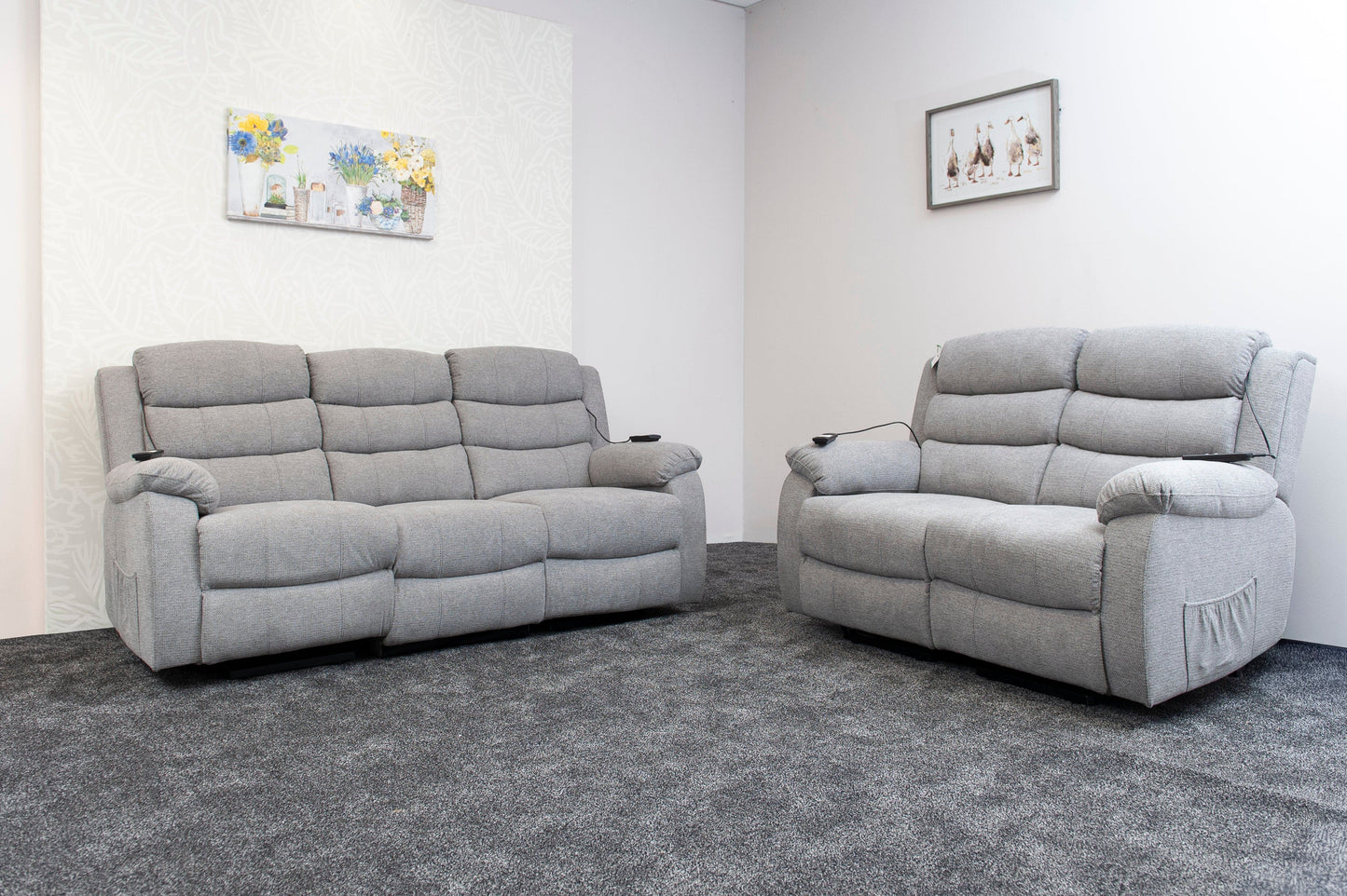 Dual Motor Lewson Grey Fabric Rise & Recliner 3 Seater + 2 Seater Sofa Set Suite Couch