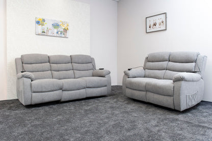 Dual Motor Lewson Grey Fabric Rise & Recliner 3 Seater + 2 Seater Sofa Set Suite Couch