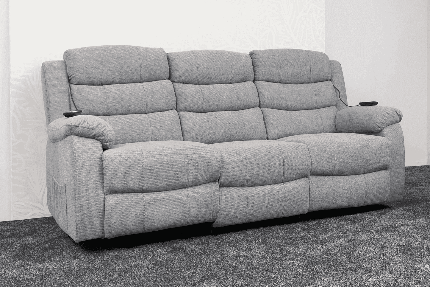 Dual Motor Lewson Grey Fabric Rise & Recliner 3 Seater + 2 Seater Sofa Set Suite Couch