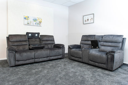 The “ Donald " Electric / Power Reclining Charcoal Grey Fabric Sofa Set - USB Charging & Drinks Tray Table Plus High Seating & Backrest Position | Couch |