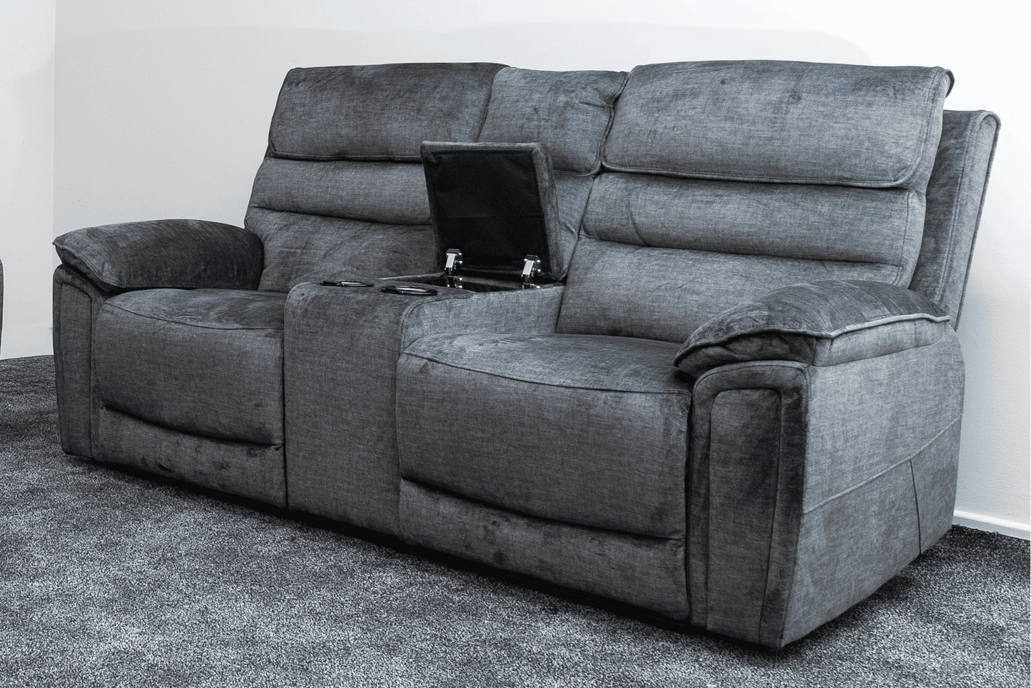 The “ Donald " Electric / Power Reclining Charcoal Grey Fabric 2 Seater Tech Sofa - USB Charging & Drinks Coolers Plus High Seating & Backrest Position | Couch |