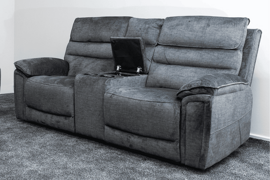 The “ Donald " Electric / Power Reclining Charcoal Grey Fabric 2 Seater Tech Sofa - USB Charging & Drinks Coolers Plus High Seating & Backrest Position | Couch |