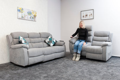 Dual Motor Lewson Grey Fabric Rise & Recliner 3 Seater + 2 Seater Sofa Set Suite Couch