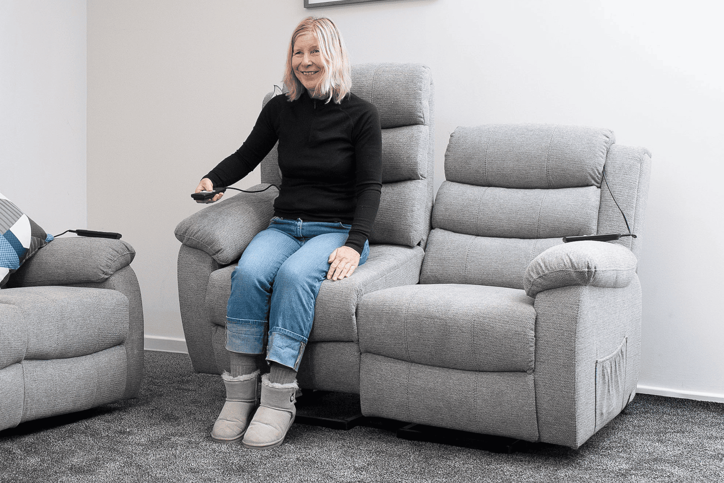 Dual Motor Lewson Grey Fabric Rise & Recliner 2 Seater Sofa Suite Couch