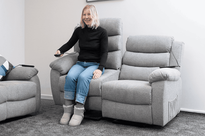 Dual Motor Lewson Grey Fabric Rise & Recliner 2 Seater Sofa Suite Couch