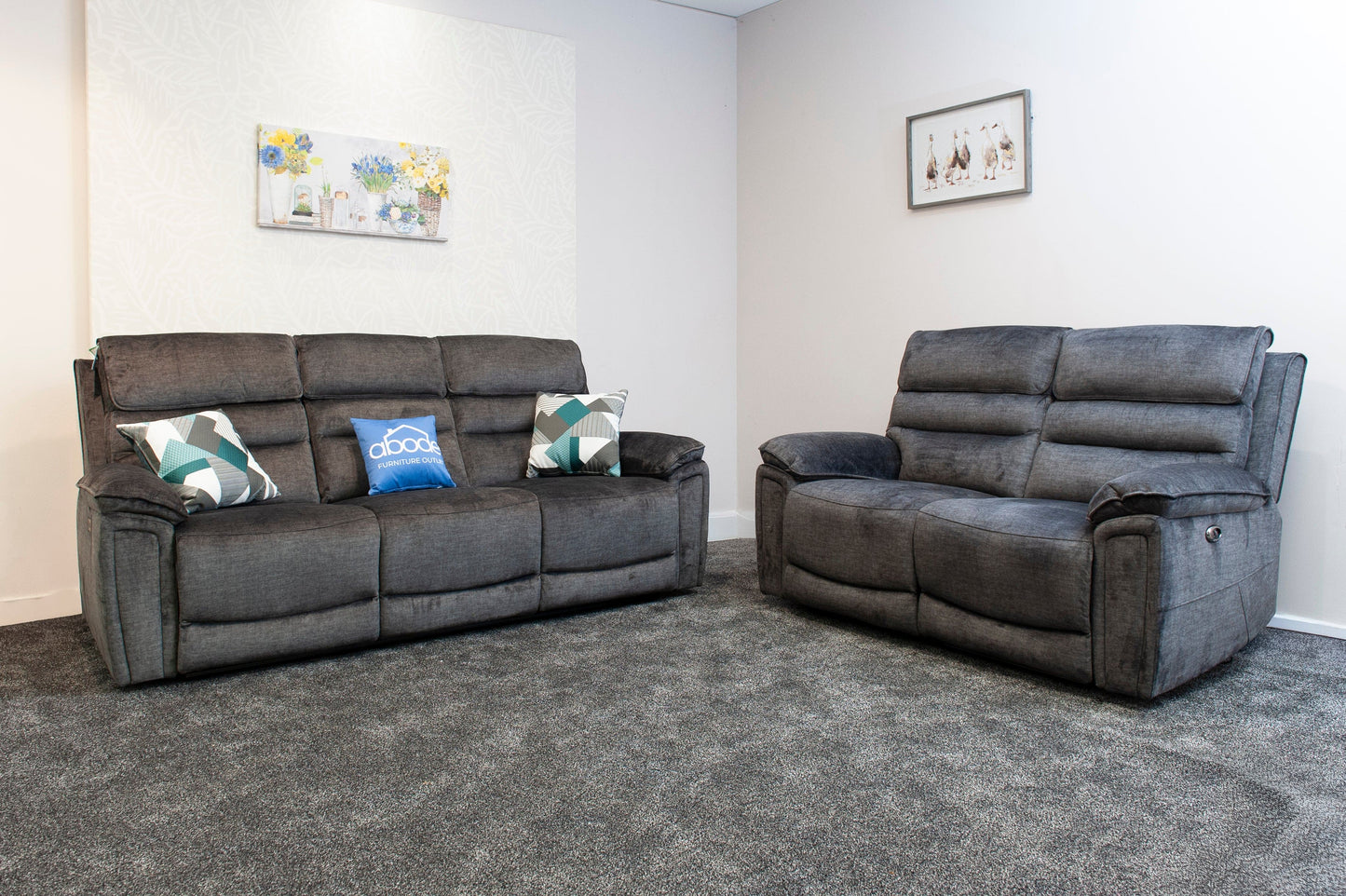 The “ Donald " Electric / Power Reclining Charcoal Grey Fabric 3 + 2 Seater Sofa Set - USB Charging & Drinks Tray Table Plus High Seating & Backrest Position | Couch |