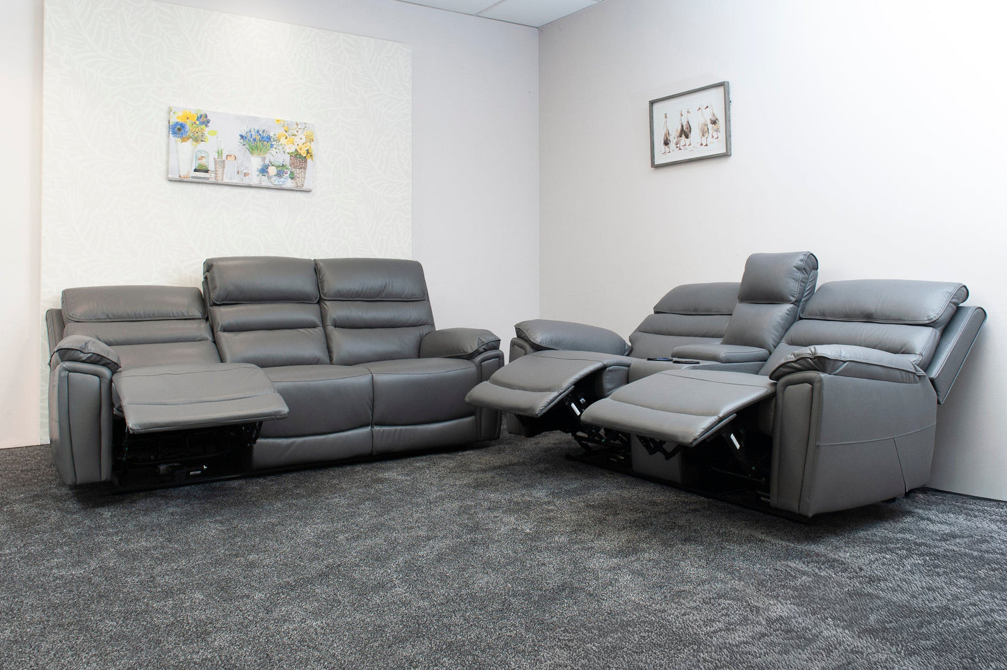 Donald Grey Leather Electric / Power Reclining Sofa Range Suite Set With Drinks Coolers USB Charging Ports & Drop Down Tray Table