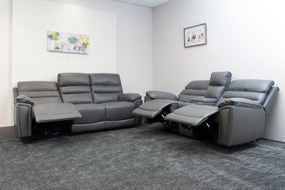 Donald Grey Leather Electric / Power Reclining Sofa Range Suite Set With Drinks Coolers USB Charging Ports & Drop Down Tray Table