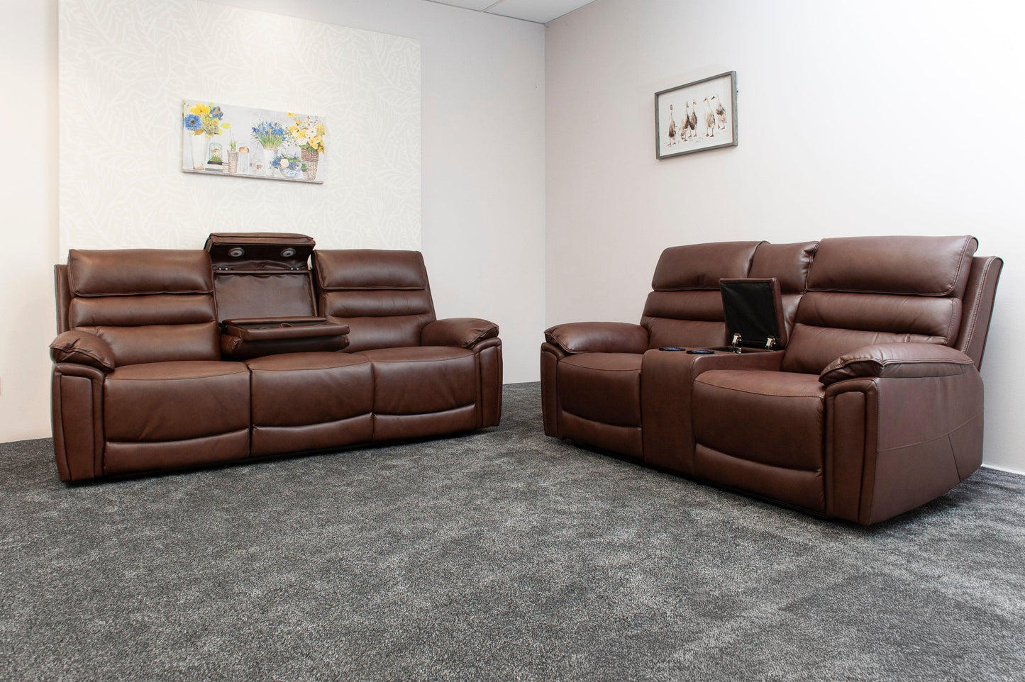 Donald Brown Leather Electric / Power Reclining 3 Seater + 2 Seater Sofa Set With USB Charging Ports & Drop Down Tray Table
