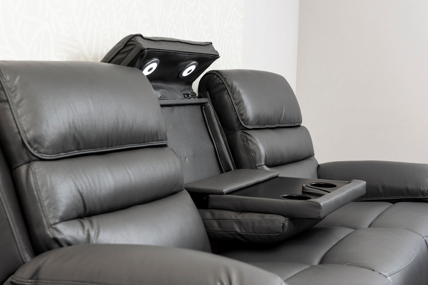 Donald Grey Leather Electric / Power Reclining 3 Seater + 2 Seater Sofa Suite Set With Drinks Coolers USB Charging Ports & Drop Down Tray Table