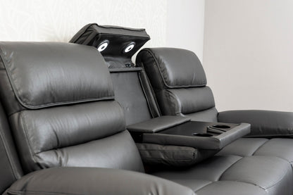 Donald Grey Leather Electric / Power Reclining 3 Seater + 2 Seater Sofa Suite Set With Drinks Coolers USB Charging Ports & Drop Down Tray Table