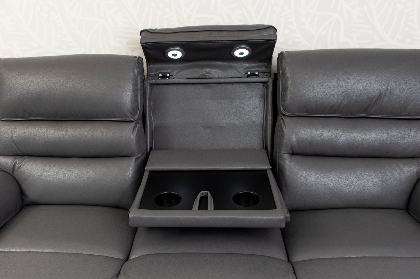 Donald Grey Leather Electric / Power Reclining Sofa Range Suite Set With Drinks Coolers USB Charging Ports & Drop Down Tray Table