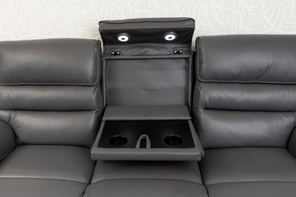 Donald Grey Leather Electric / Power Reclining Sofa Range Suite Set With Drinks Coolers USB Charging Ports & Drop Down Tray Table